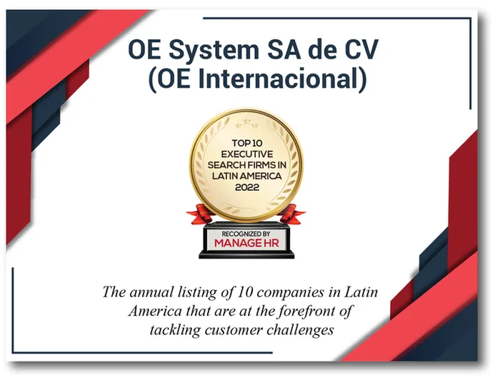 Diploma Top 10 Executive Search Firms in Latin America 2022 otorgado a OE System SA de CV por Manage HR